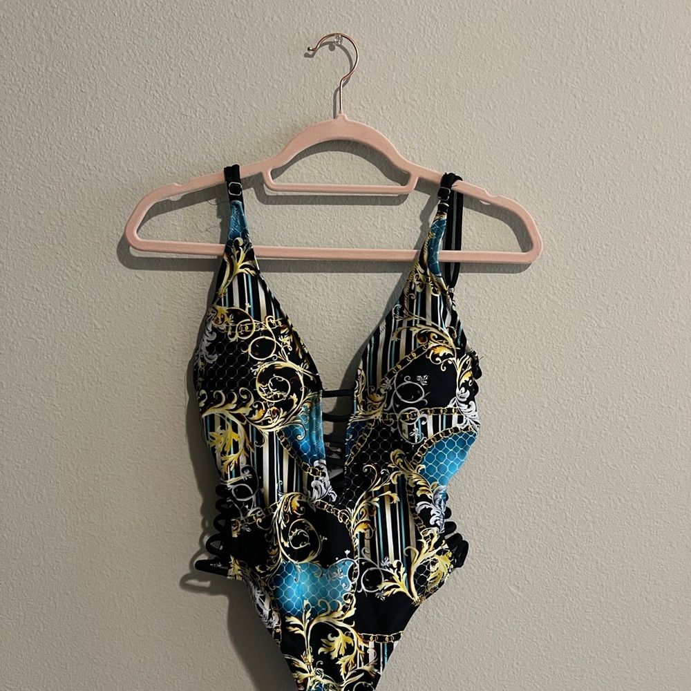 Black, Blue, and Gold Patterned Swimsuit One Piece